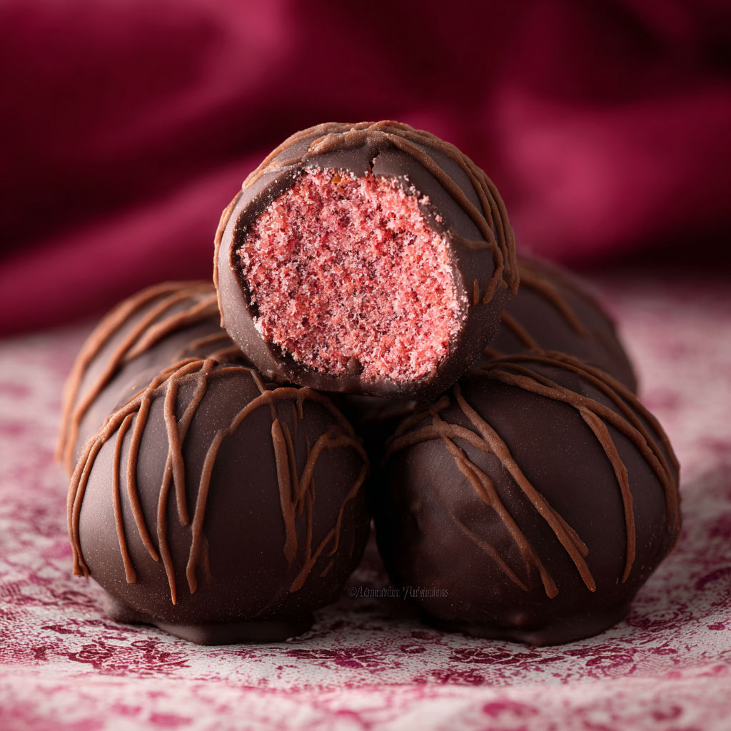 Three chocolate raspberry truffles on a table.