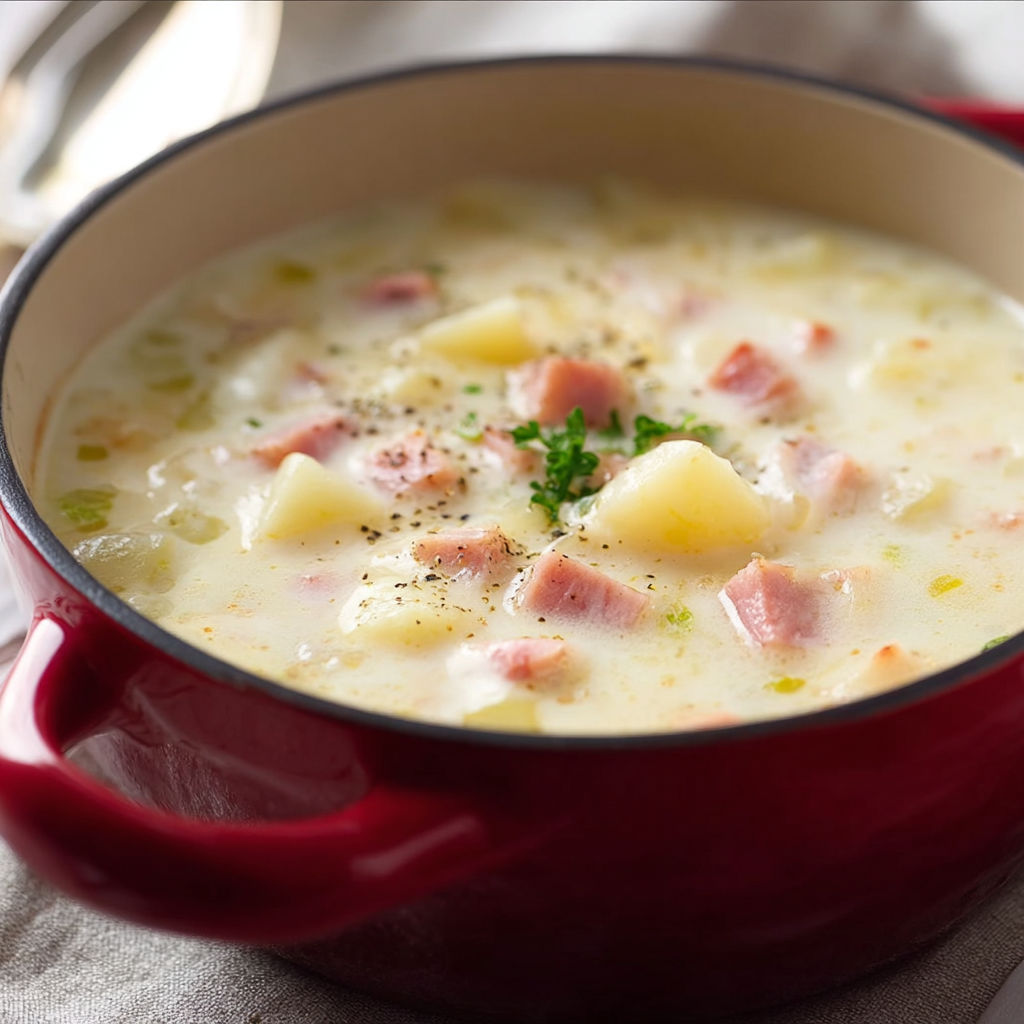 A bowl of soup with meat and potatoes.