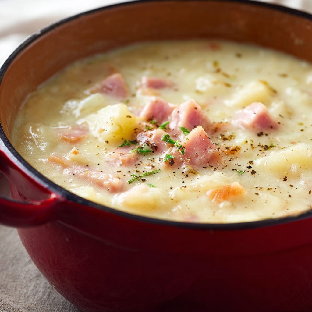 A red bowl filled with ham and potato soup.