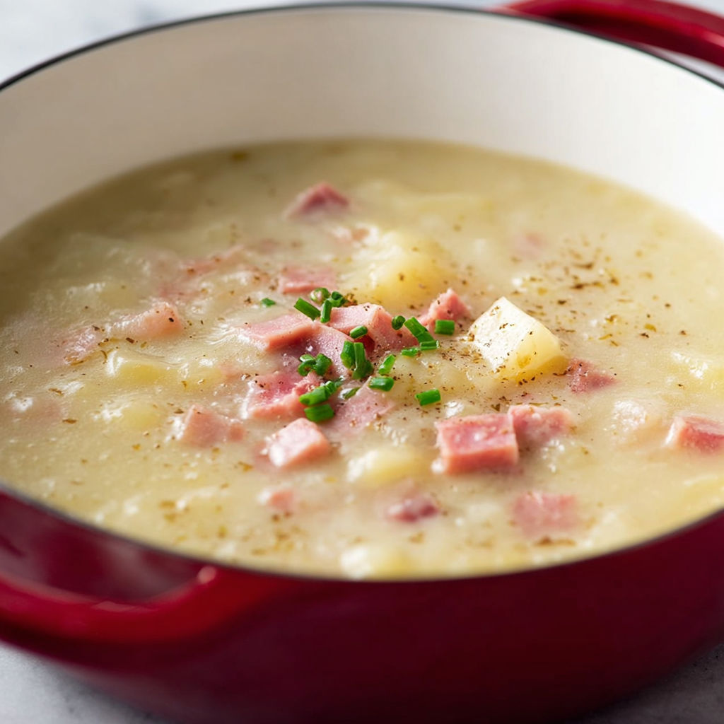 A bowl of soup with ham and potatoes.