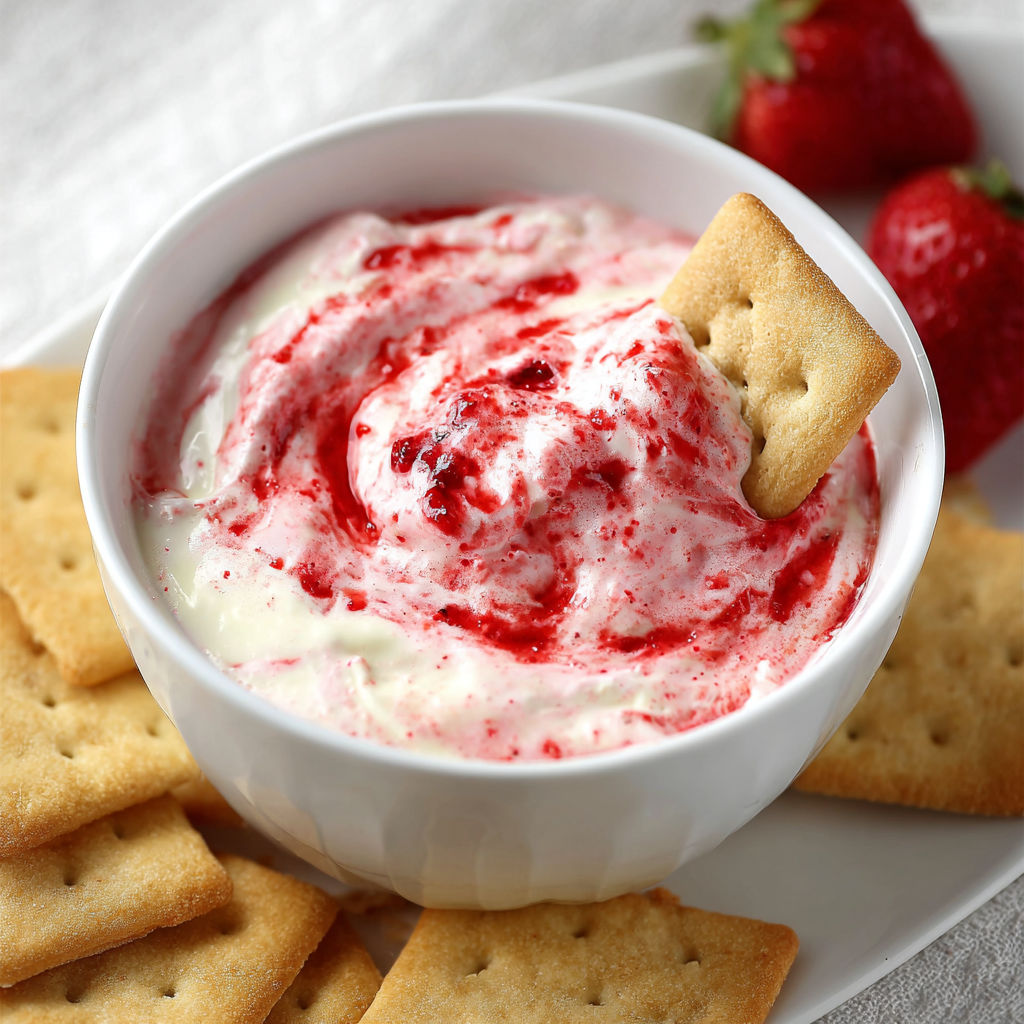 A bowl of strawberry cheesecake dip with crackers.