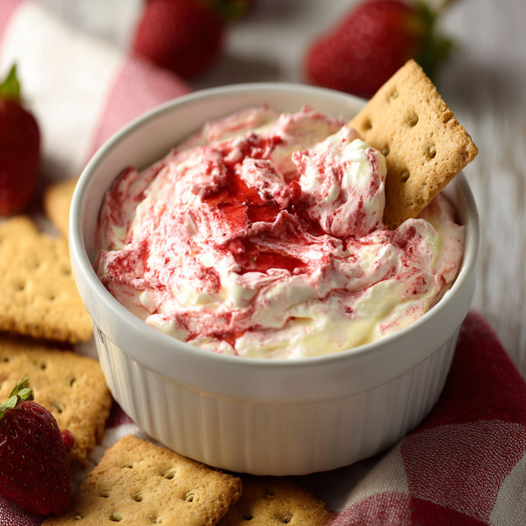 A bowl of strawberry cheesecake dip with crackers.