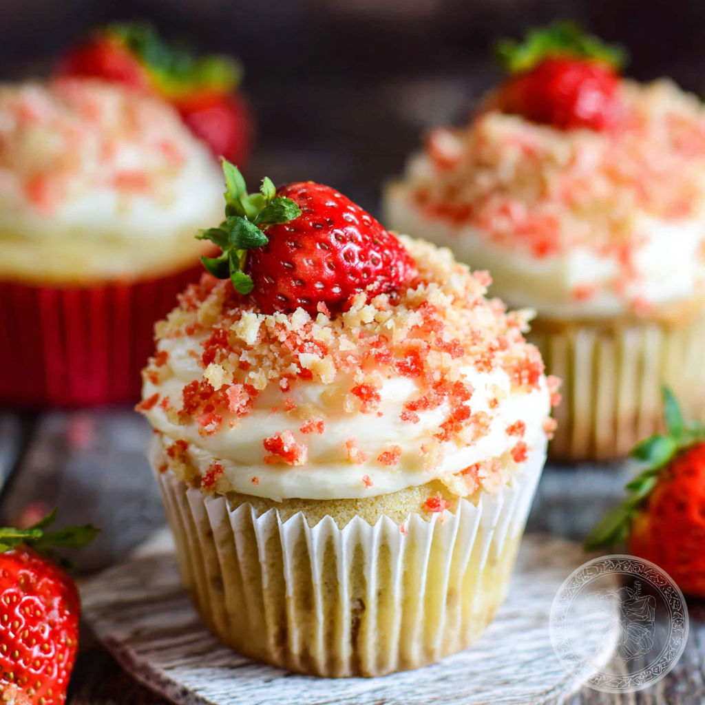 A close up of a cupcake with strawberries on top.
