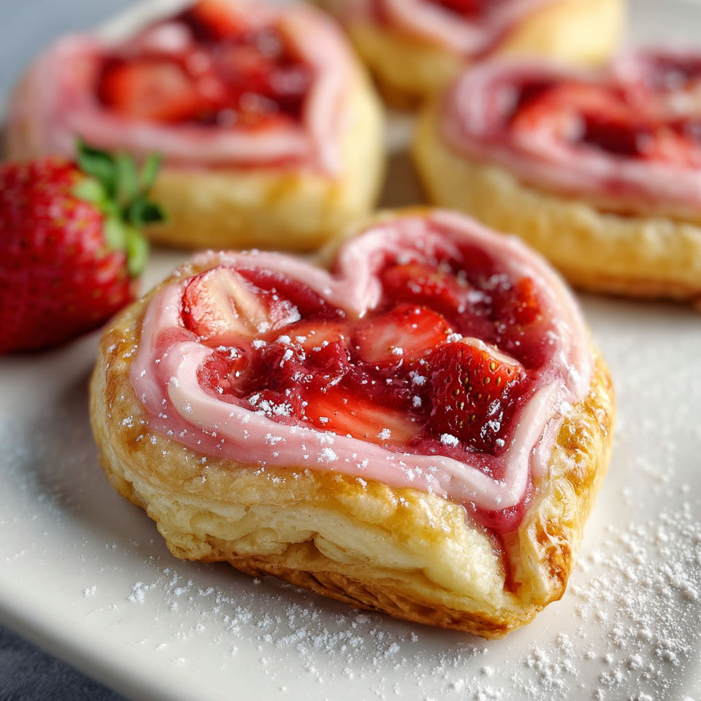 A plate of heart shaped danishes with strawberry and cream cheese filling.