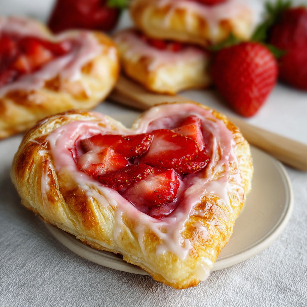 A pastry with strawberries and cream cheese in the shape of a heart.