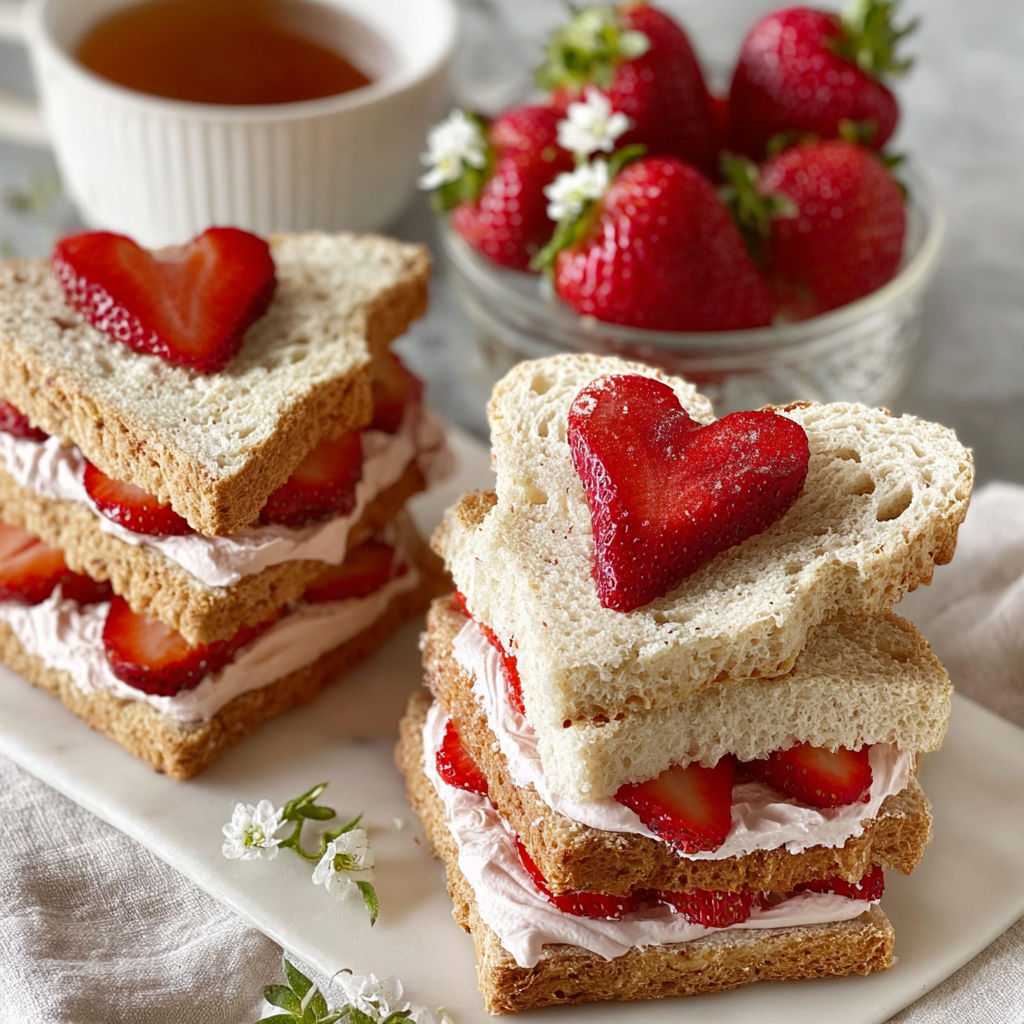 A stack of sandwiches with strawberries and cream.