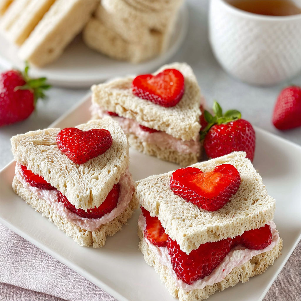 A plate of sandwiches with strawberries on top.