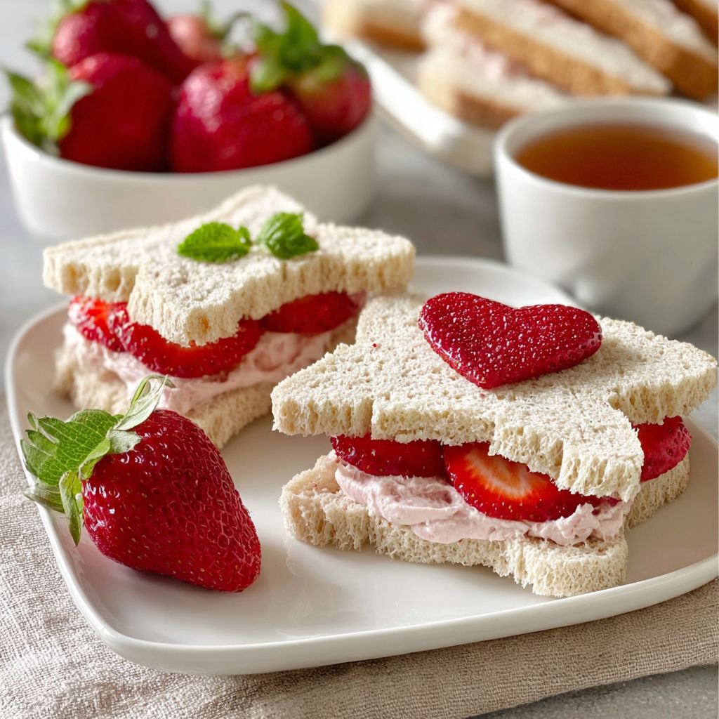 A plate of sandwiches with strawberries on top.