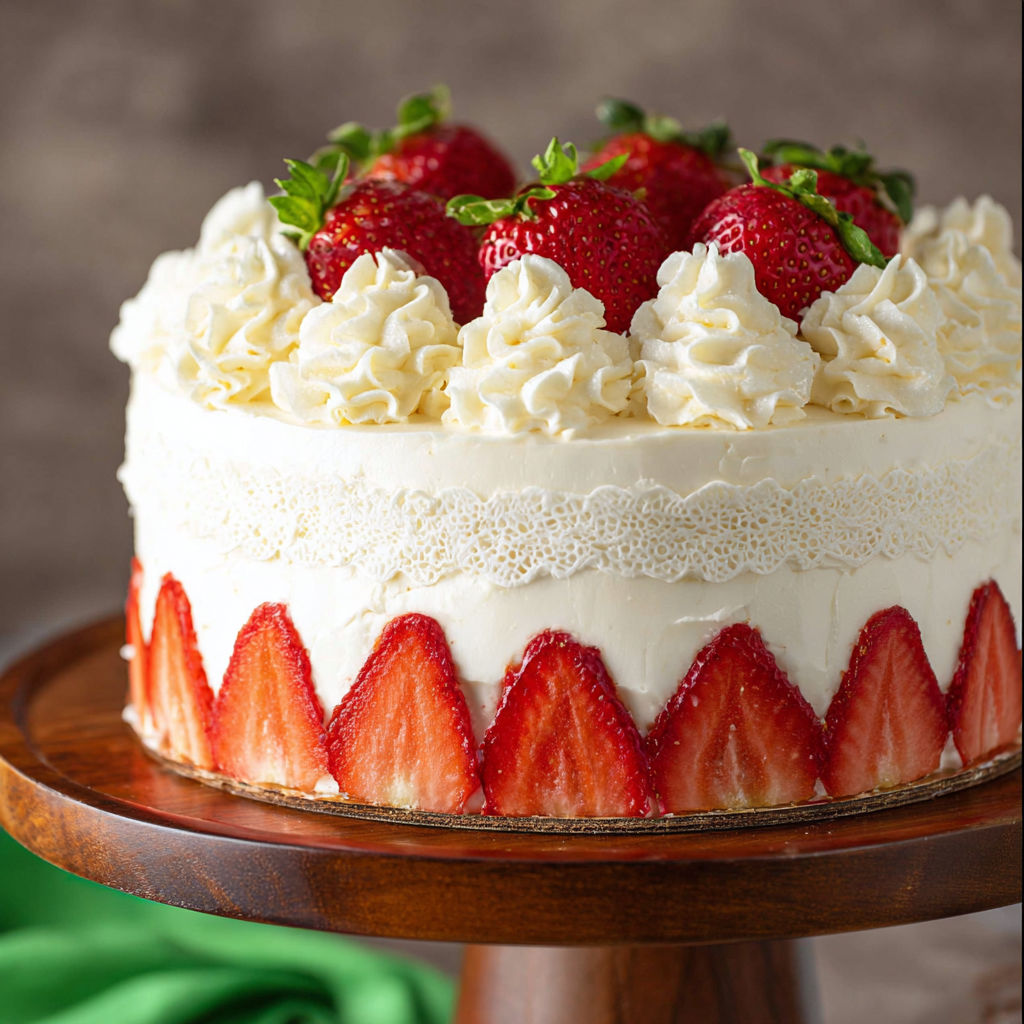 A cake with white frosting and strawberries on top.