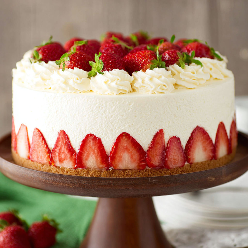 A slice of strawberry and cream cheesecake cake.