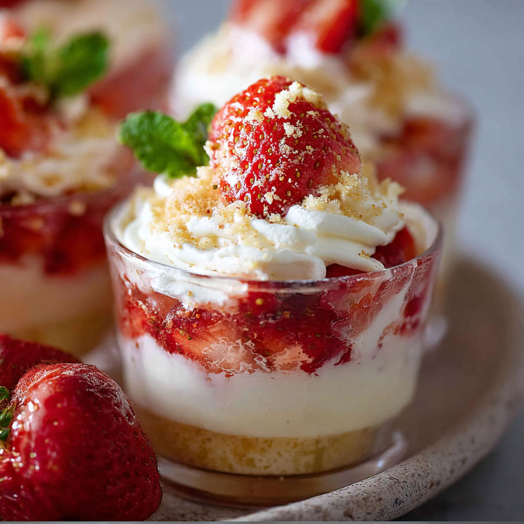 A close up of a dessert with strawberries and whipped cream.