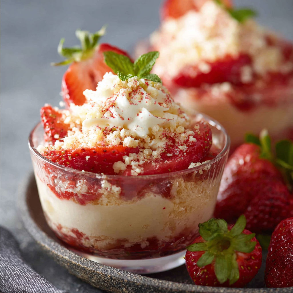 A bowl of strawberries with whipped cream.