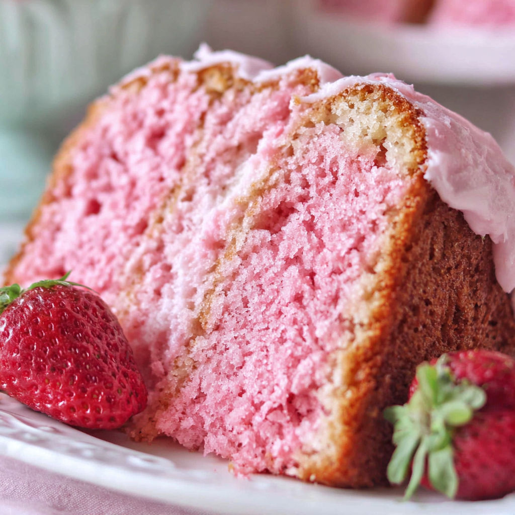 A slice of pink cake with strawberries on top.