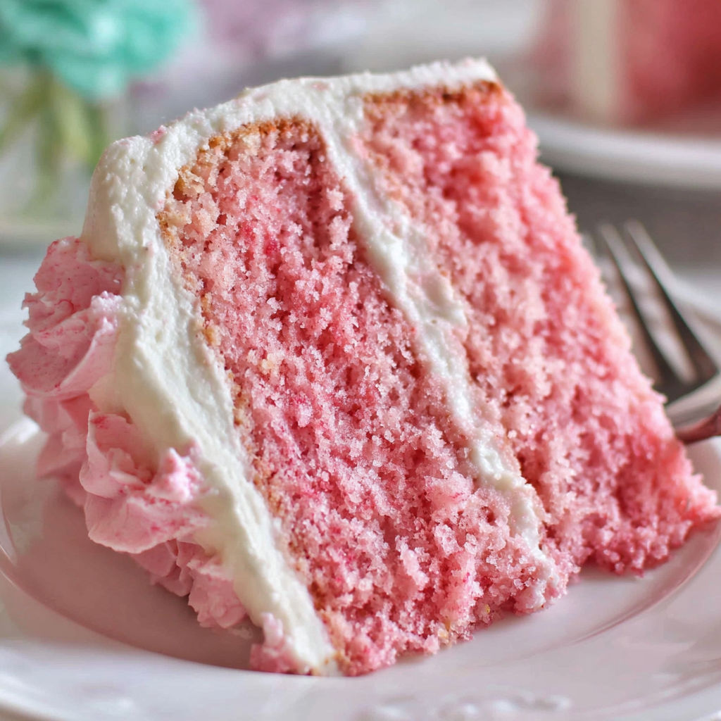 A slice of pink cake on a plate.