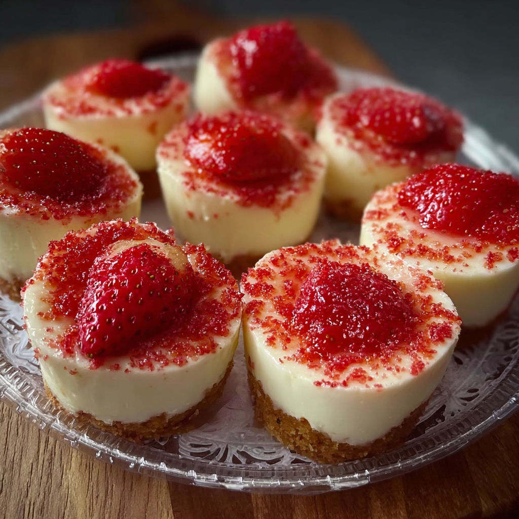 A plate of strawberry cheesecake with red strawberries on top.