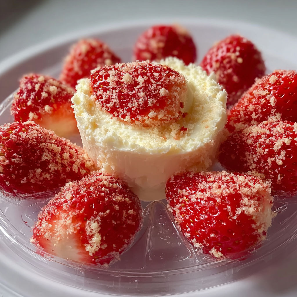 A plate of strawberries with whipped cream on top.