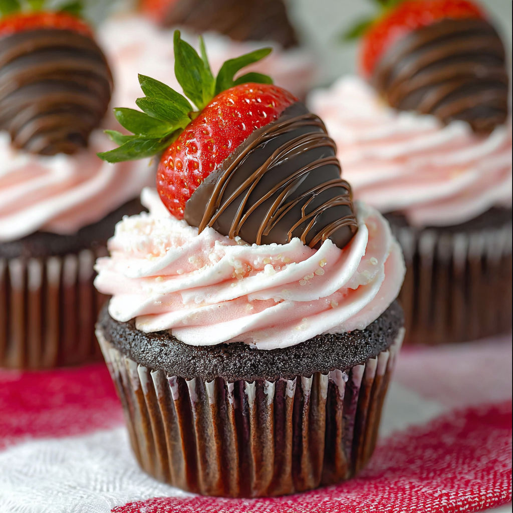 A chocolate covered strawberry cupcake.