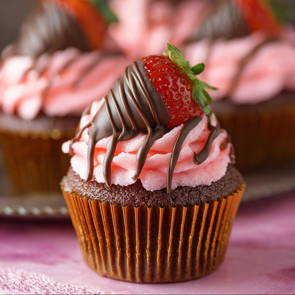 A cupcake with chocolate and strawberry toppings.
