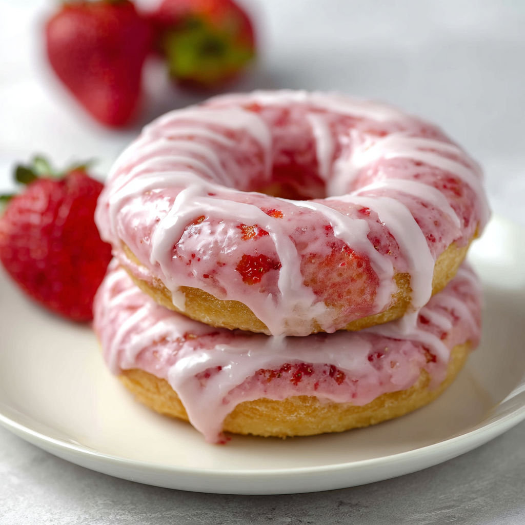 Two donuts with pink frosting and strawberries on top.
