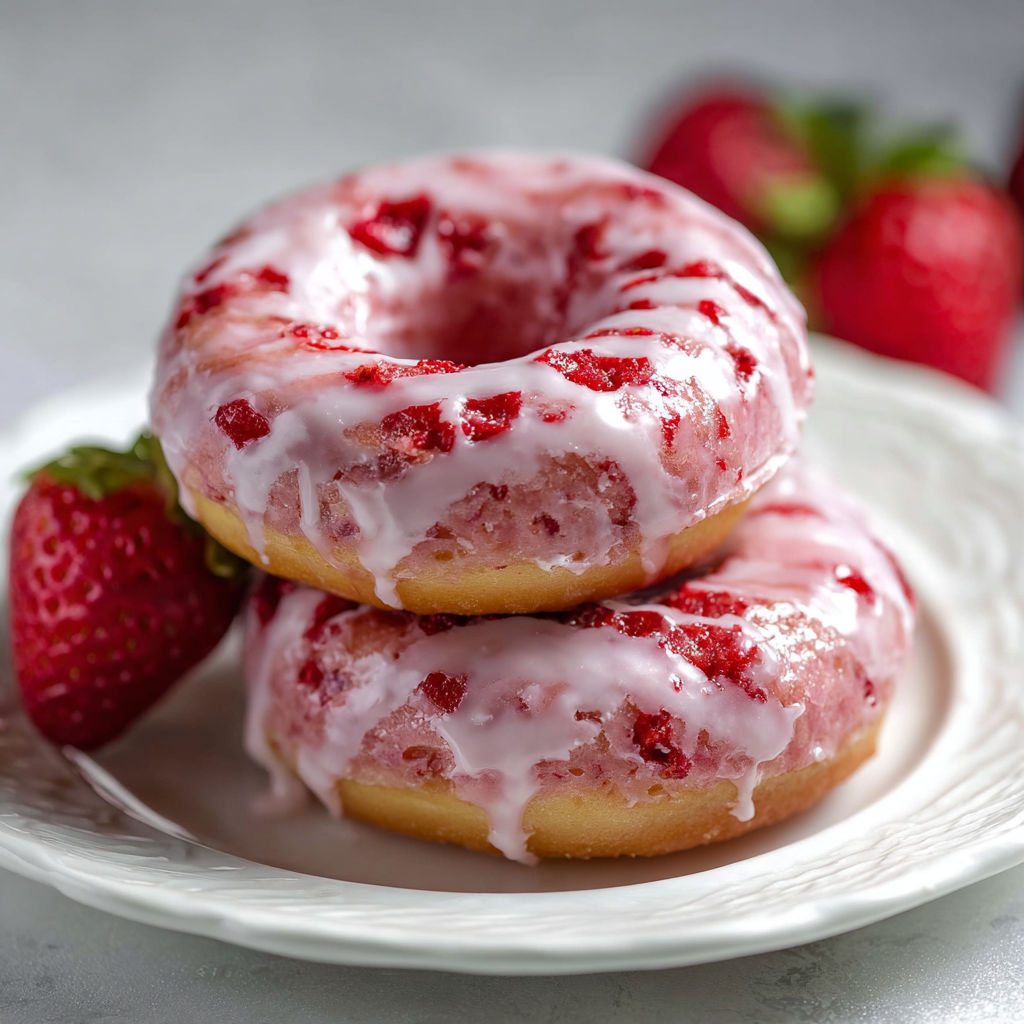Two red and white donuts with strawberries on top.