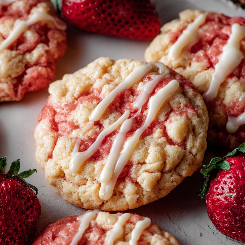 A plate of cookies with white icing and strawberries.