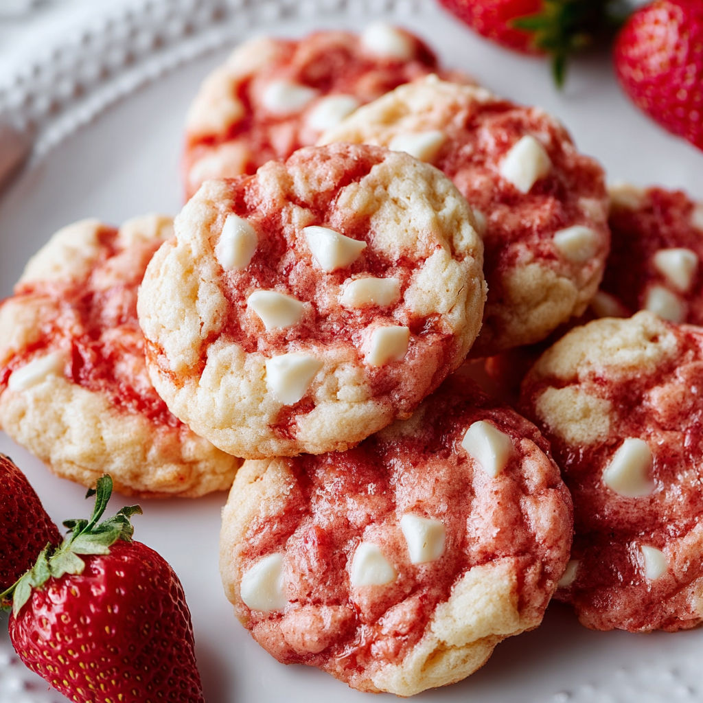 A plate of red and white cookies.
