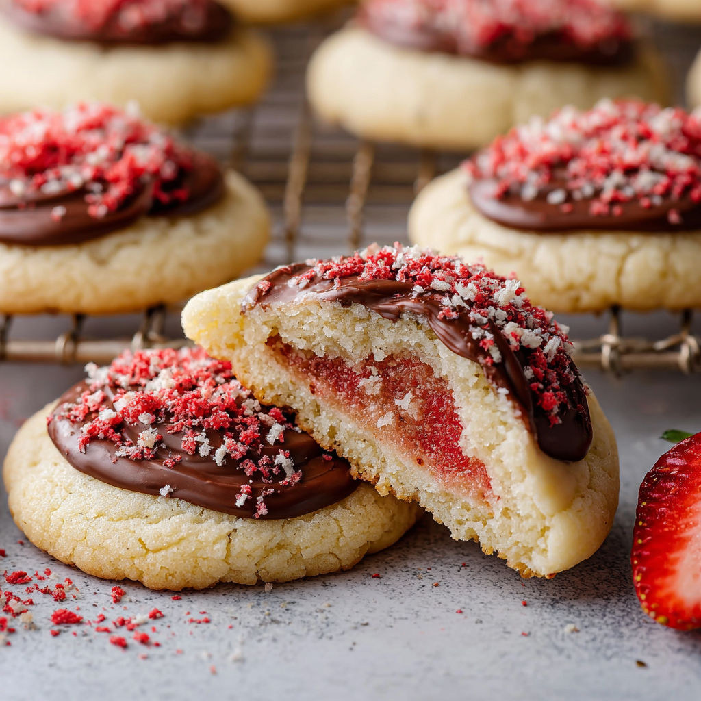 A close up of a chocolate stuffed strawberry sugar cookie.