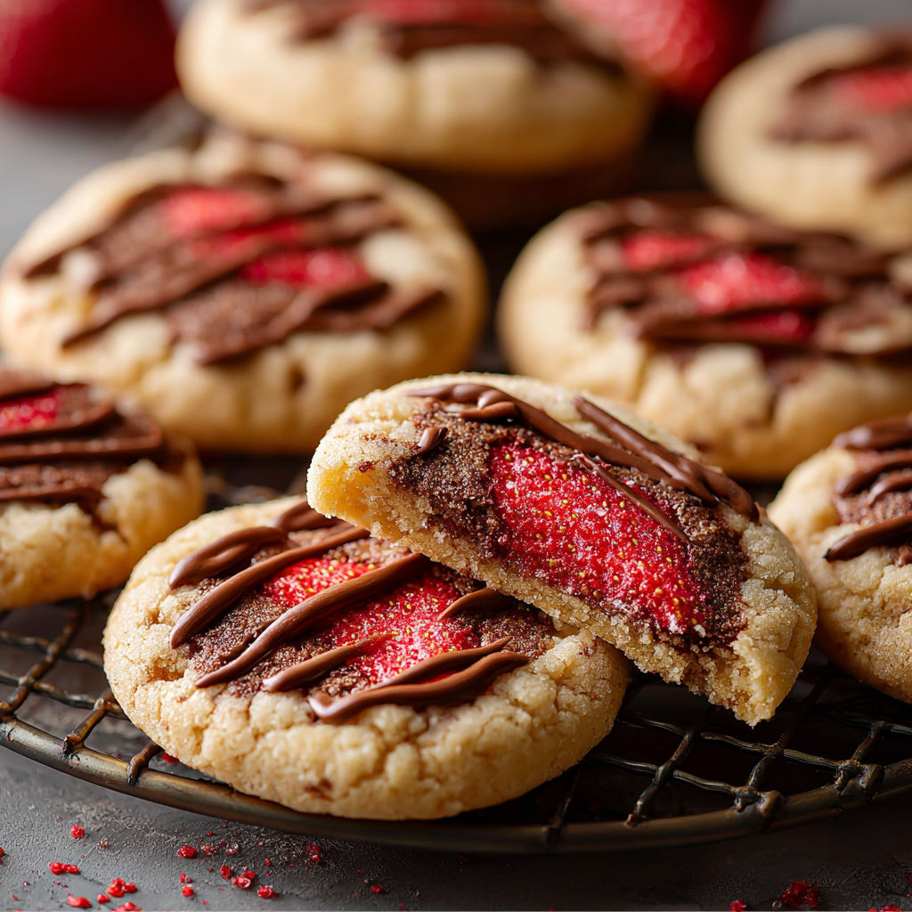 A plate of chocolate stuffed strawberry sugar cookies.