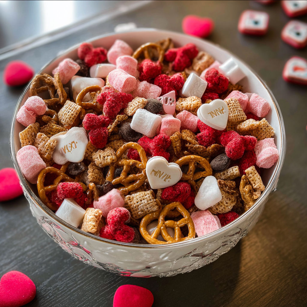 A bowl of Cupid Crunch Valentine's Day Trail Mix.