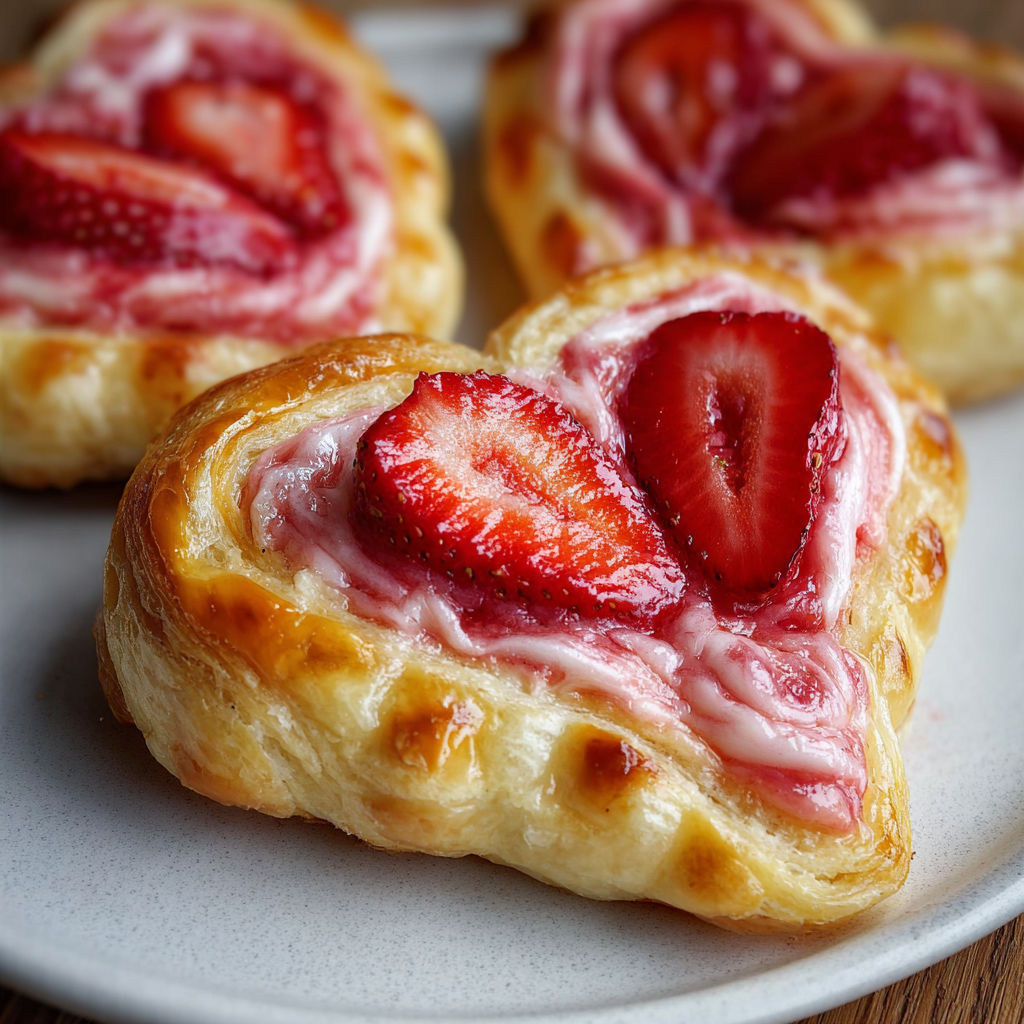Two heart shaped pastries with strawberries and cream cheese.