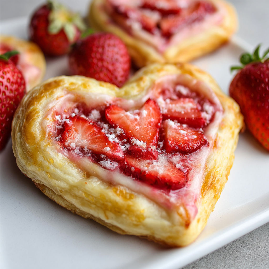 A plate of strawberry cream cheese heart danishes.
