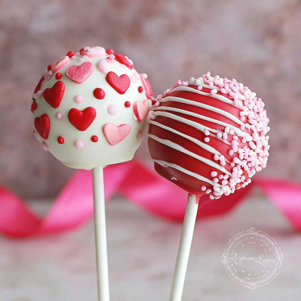Two red and white heart-shaped Oreo pops.
