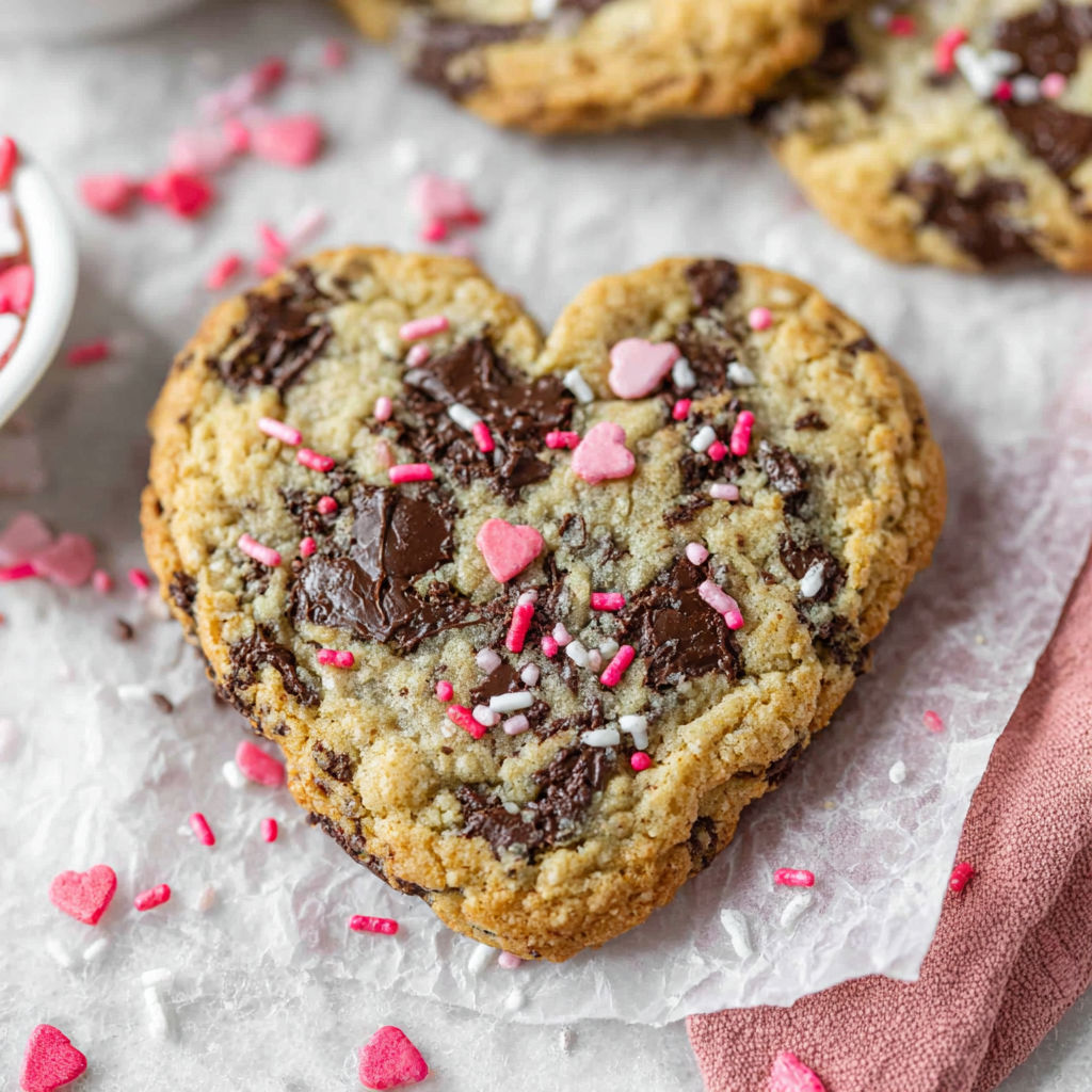 A heart shaped chocolate chip cookie.