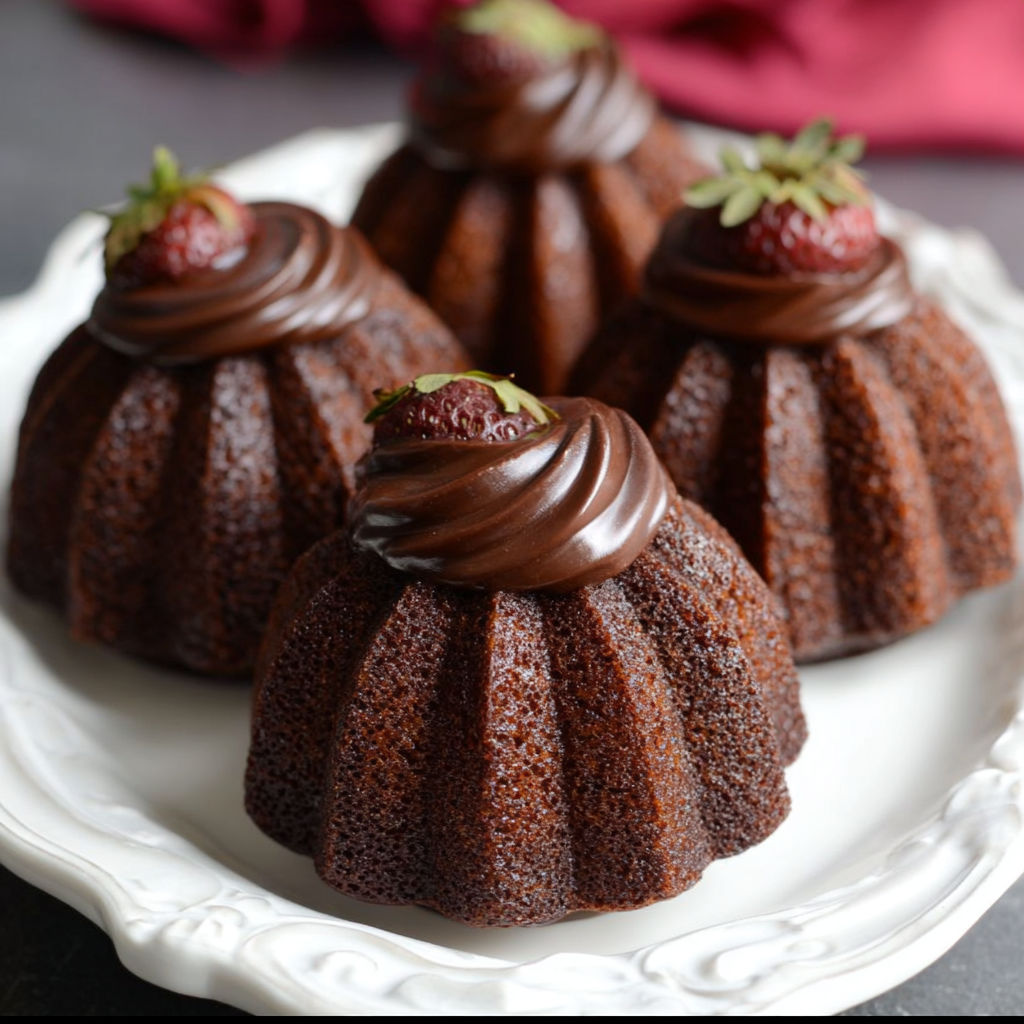 Three chocolate bundt cakes with strawberries on top.