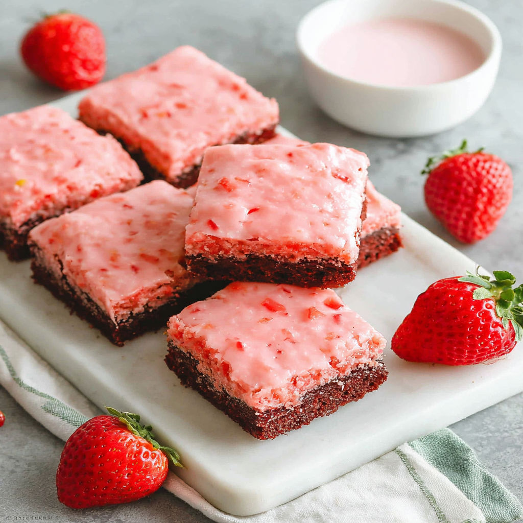 A plate of pink cake with strawberries on top.
