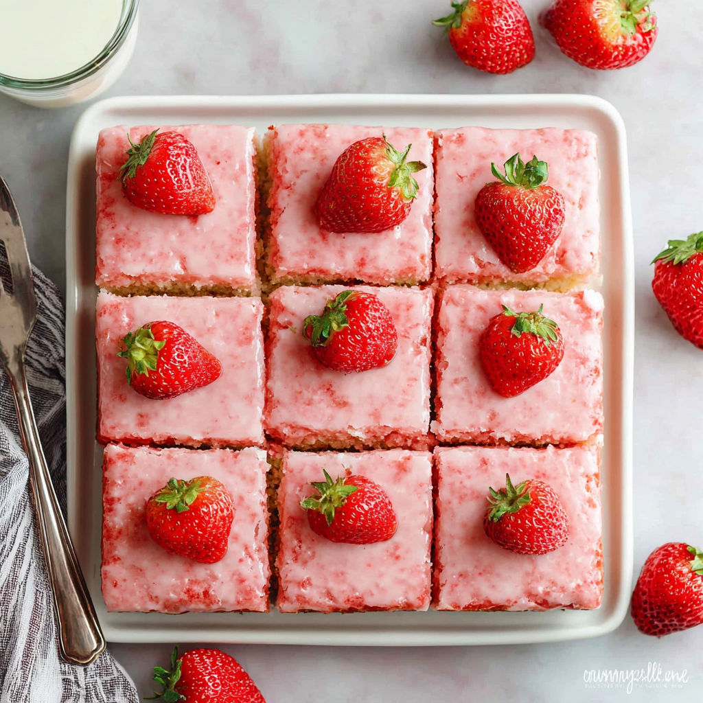 A square of cake with strawberries on top.