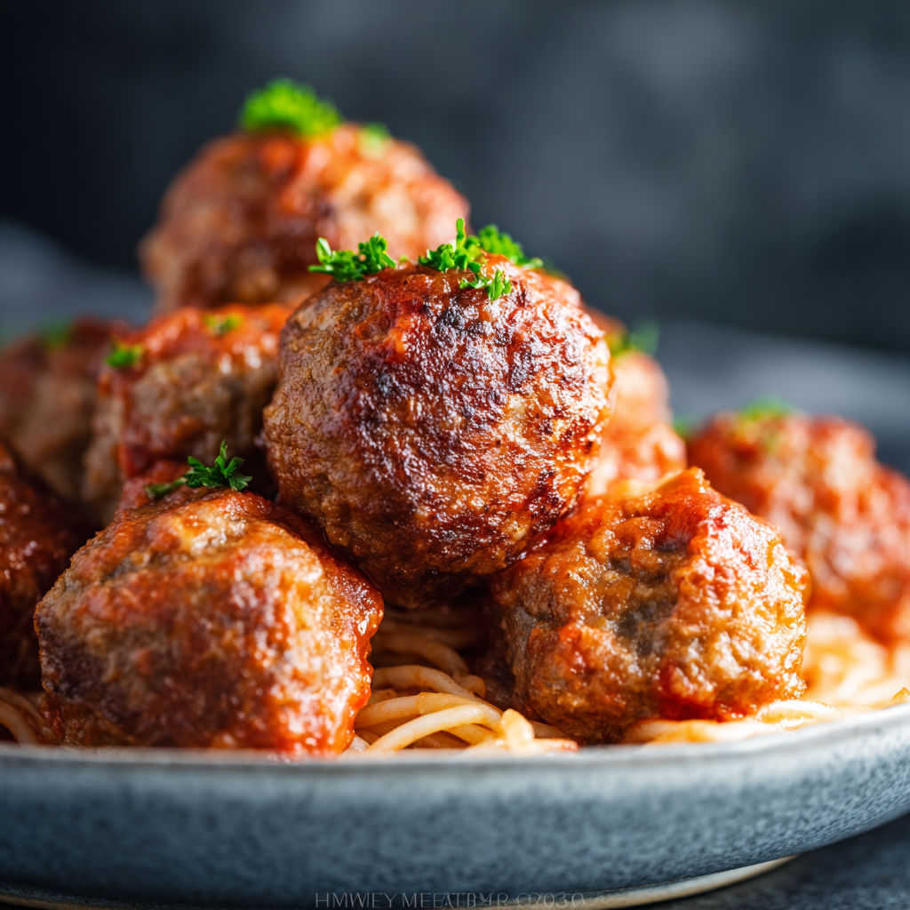 A plate of meatballs on spaghetti.