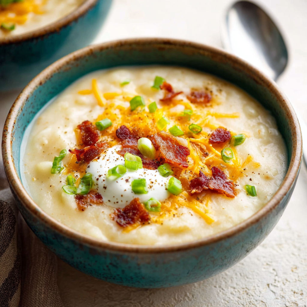 A bowl of soup with cheese and bacon.