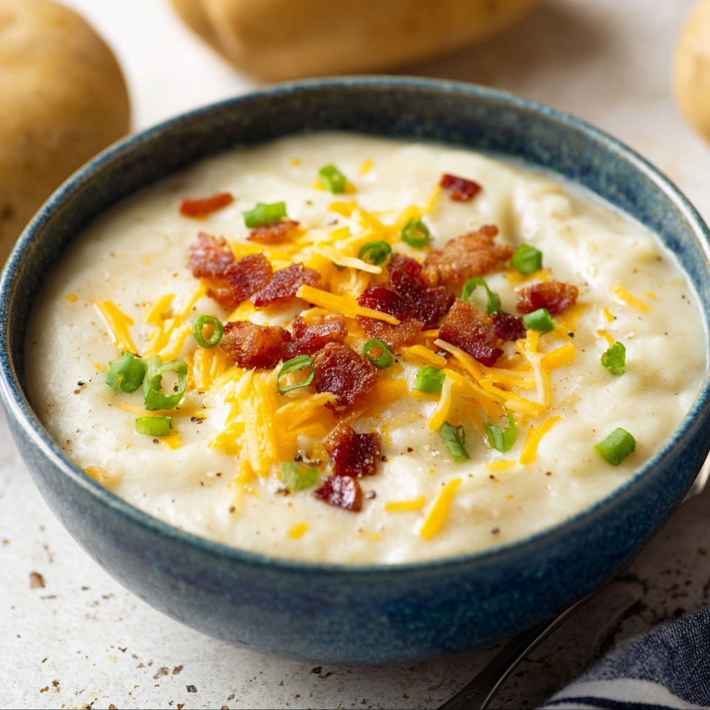 A bowl of soup with bacon and cheese.