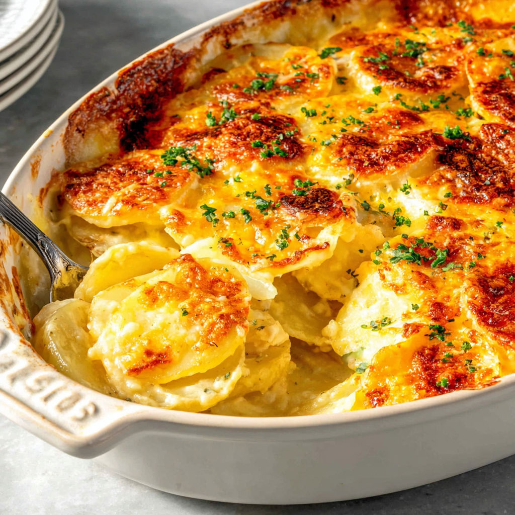 A dish of scalloped potatoes with a fork on the side.