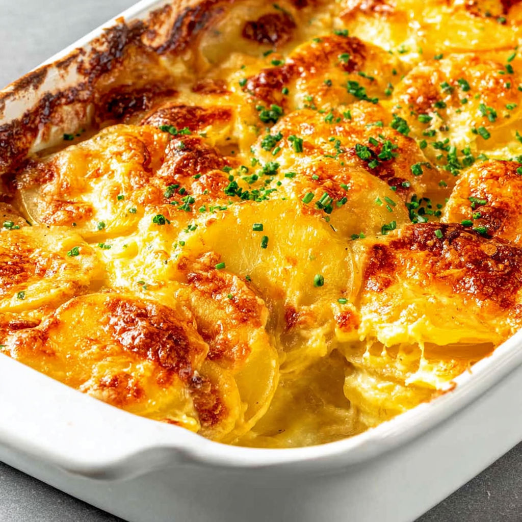 A dish of scalloped potatoes with a green garnish.