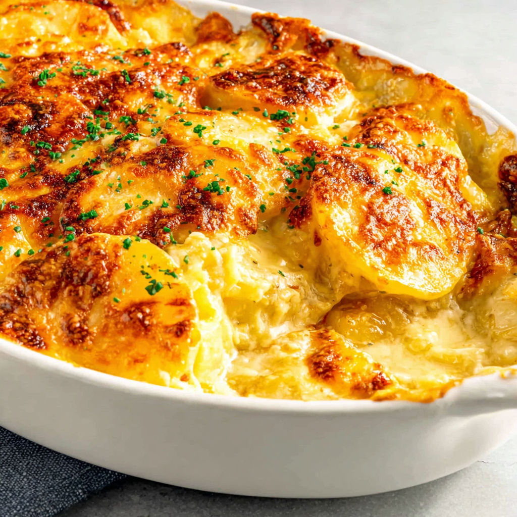 A dish of scalloped potatoes with cheese.