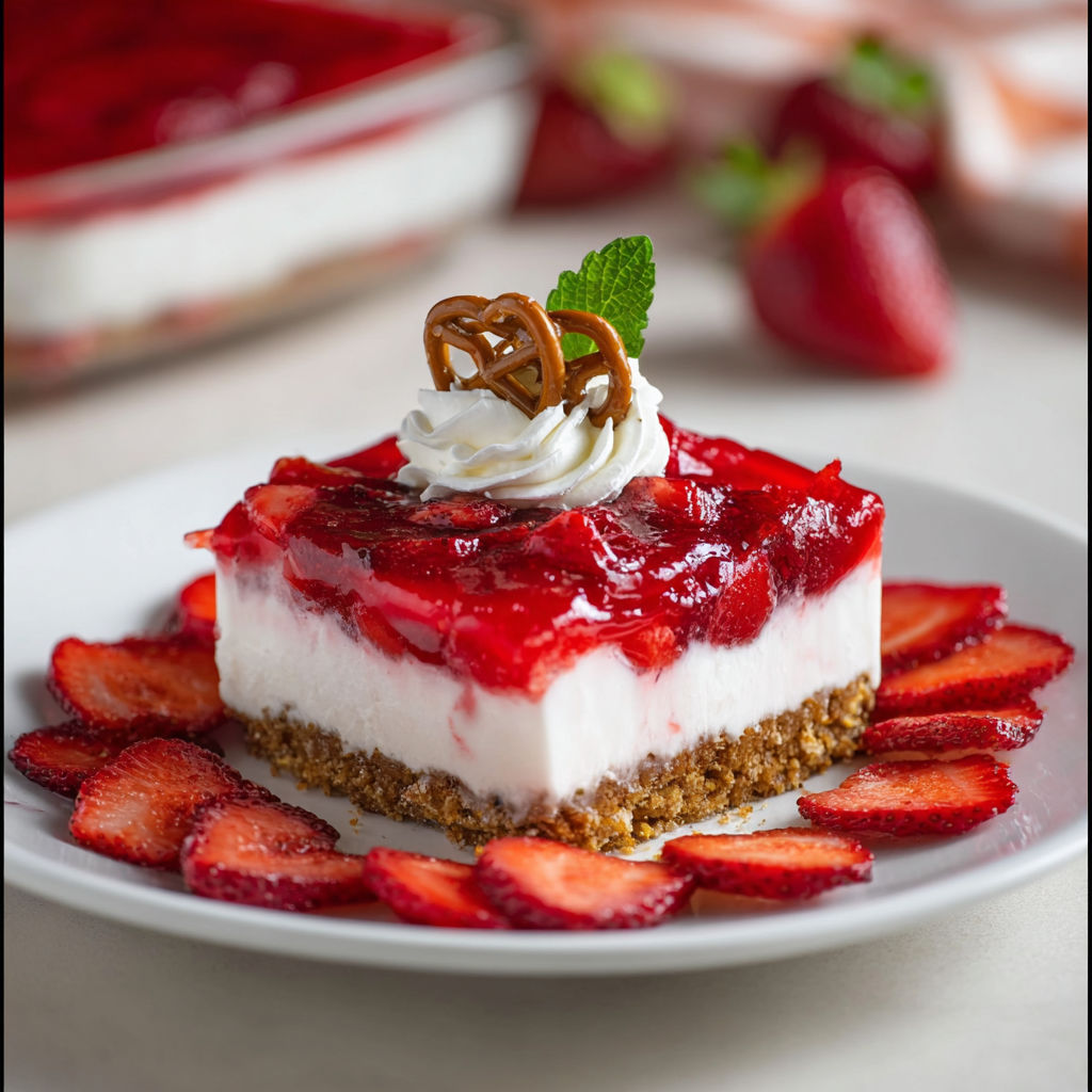 A slice of strawberry pretzel salad on a plate.