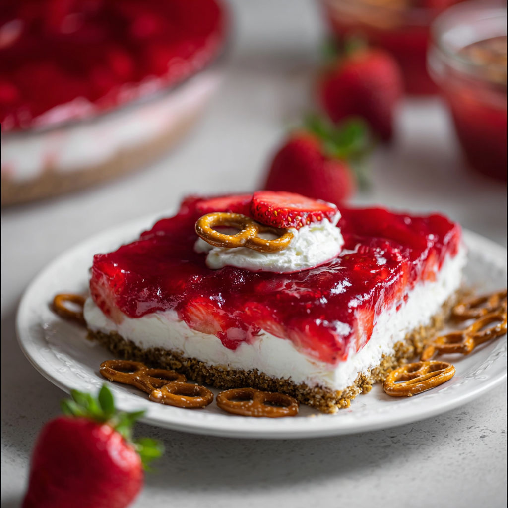 A slice of strawberry pretzel salad on a plate.
