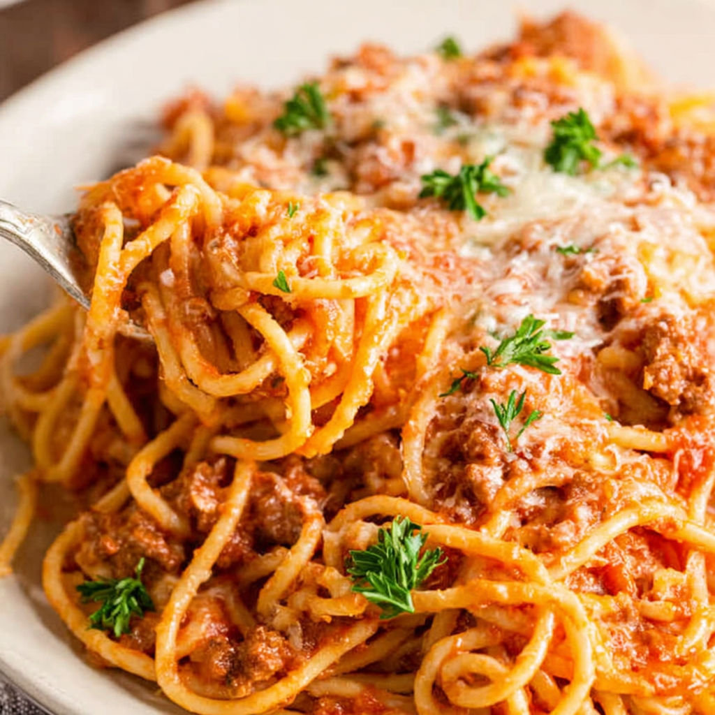 A plate of spaghetti with meat sauce and cheese.