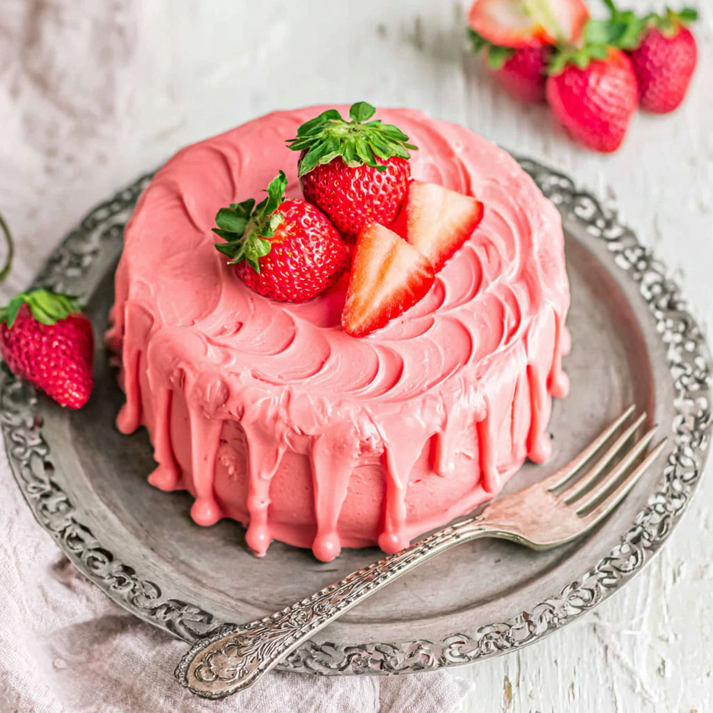 A slice of pink strawberry ganache cake.