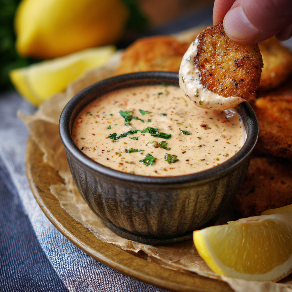 A person is dipping a piece of food into a bowl of Louisiana remoulade sauce.