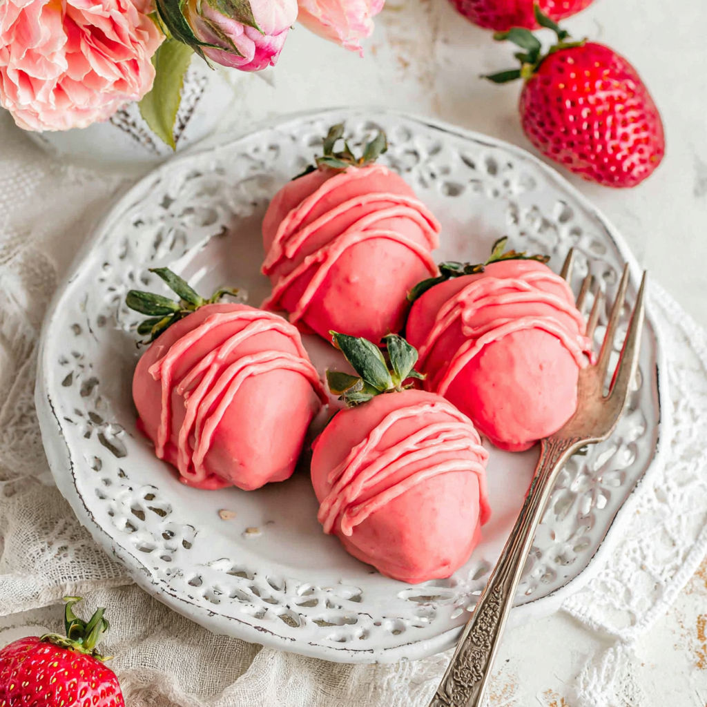 A plate of pink desserts with strawberries.
