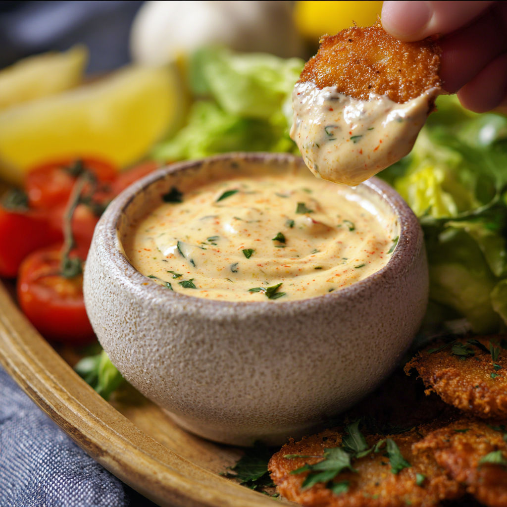 A person is dipping a piece of food into a bowl of Louisiana remoulade sauce.