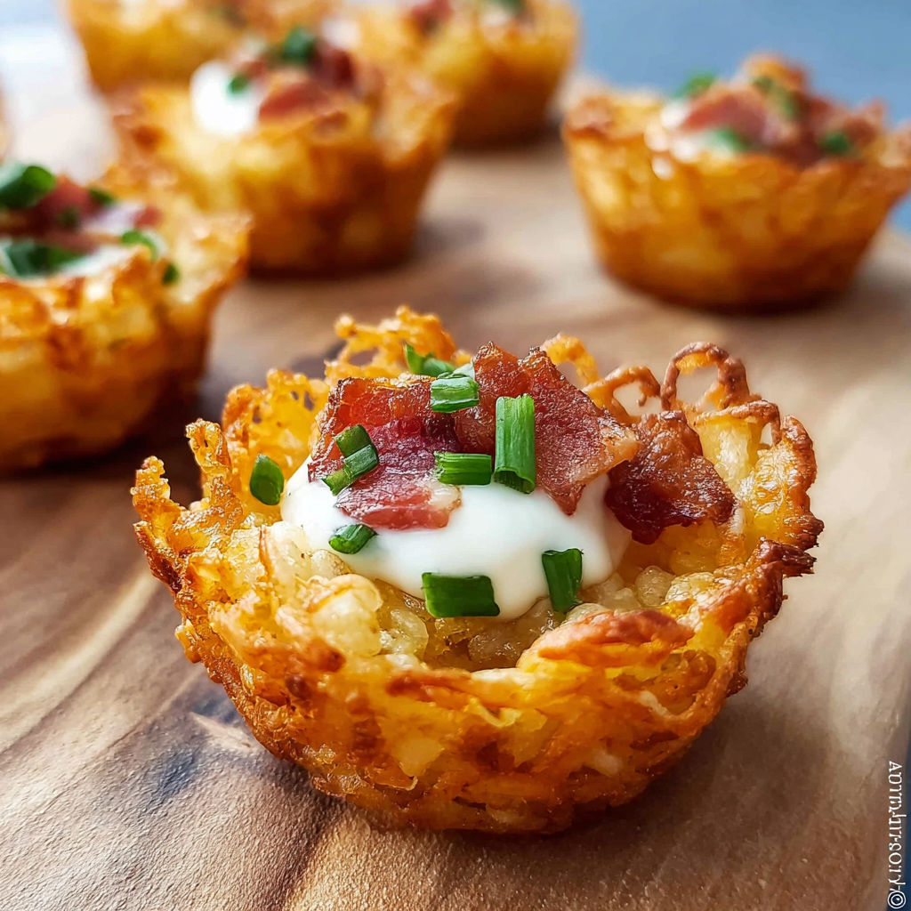 A plate of food with a bacon and cheese cupcake.